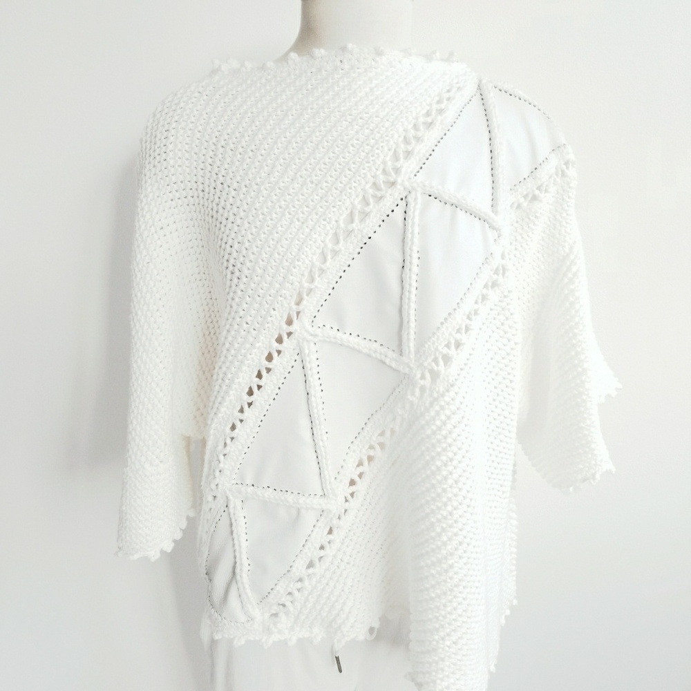 Hand Knit White Sweater/Tunic 100% Cotton/ Leather
